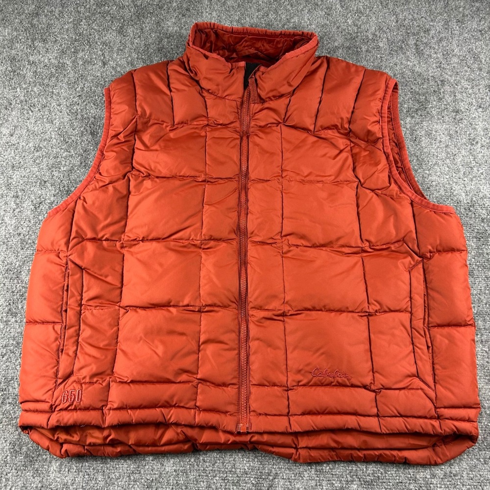Cabelas Puffer Vest Mens XL Orange 650 Fill Goose Down Quilted Outdoor Gear